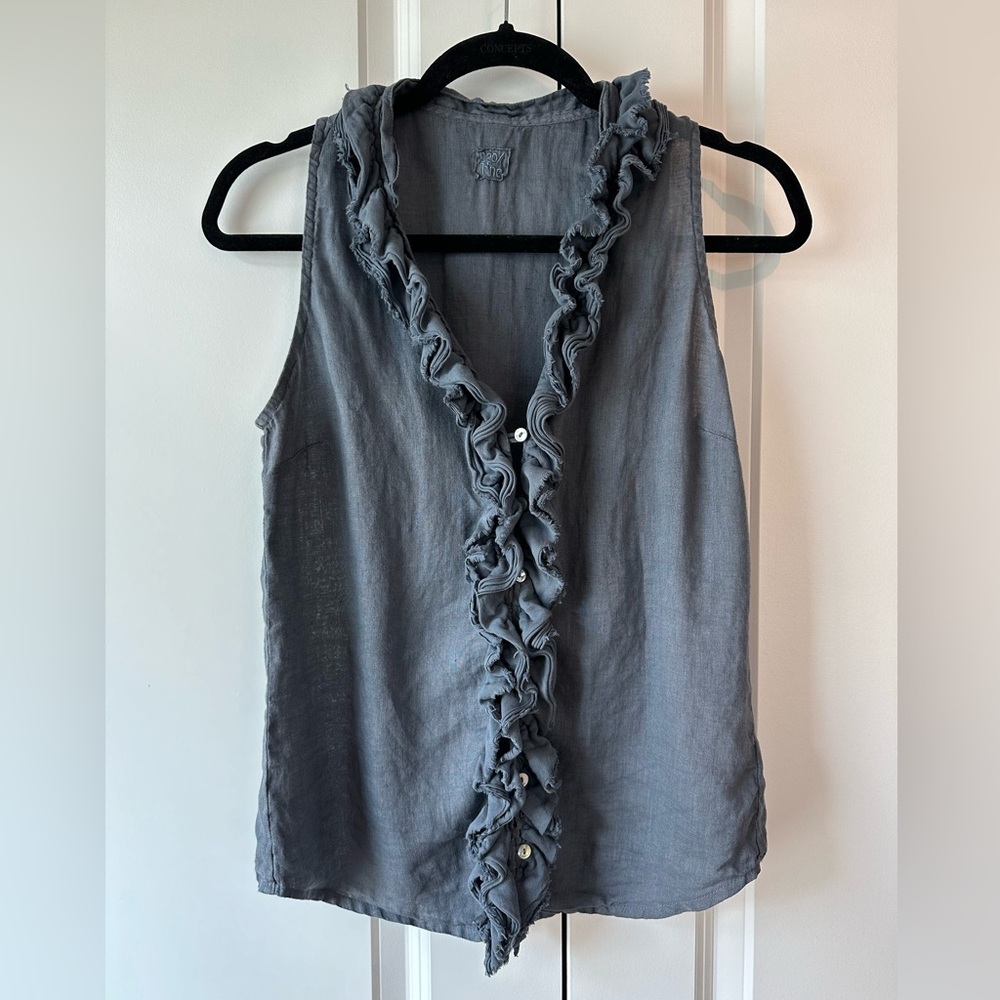 120% Lino Women’s Ruffle Button Up Tank Slate (Size 40/XS)